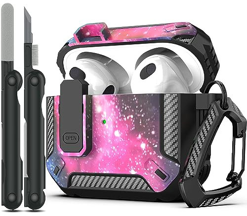 RFUNGUANGO Compatible with AirPods 3rd Generation Case Cover with Cleaner Kit, Military Hard Shell Protective Armor with Lock Compatible with AirPod Gen 3 Charging Case 2021,Starry sky