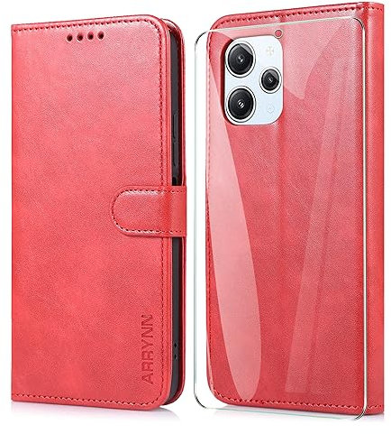 ARRYNN Hülle für Xiaomi Redmi 12 4G / 5G (6,79 Zoll) + Schutzfolie,Handyhülle Flip PU Tasche Schutzhülle Xiaomi Redmi 12 4G / 5G - Rot