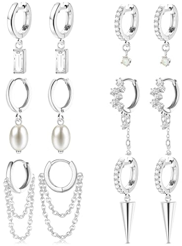 JeweBella 6 Pairs Ohrringe Hängend für Damen Mädchen Set Hypoallergene Creolen mit Cubic Zirkonia Opal Perlen Anhänger Ohrringe Silber/Gold Ohrhänger Frauen