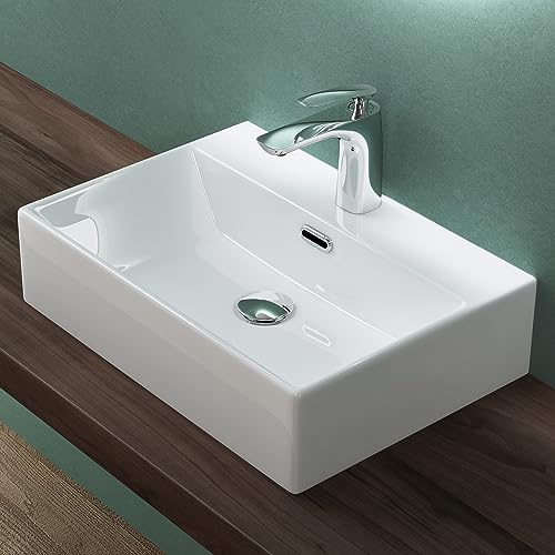 Mai & Mai Lavabo Sobre Encimera Suspendido Baño | Rectangular | Blanco Brillante | Cerámica | 51x36x13cm | Con Orificio para Grifo Con Rebosadero | Brüssel206