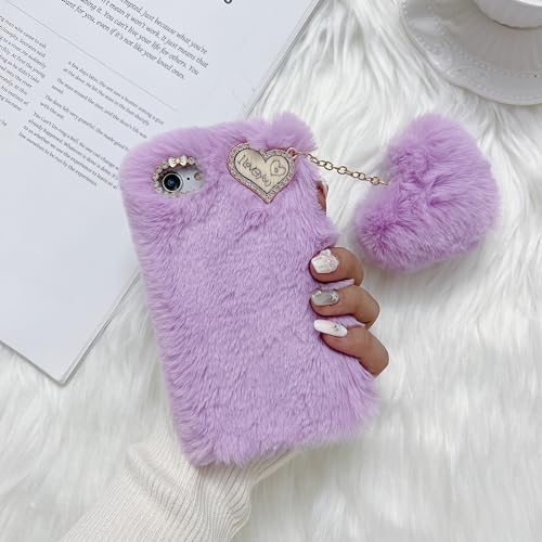 ZTUOK Compatible with iPhone 7/8/SE 2020/SE 2022 Case for Girls,Cute Winter Warm Soft Fur Fluffy Plush Furry with Crystal Love Pendant Shockproof Protective Cover for iPhone 7/8/SE 2/SE 3-Purple