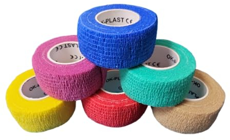 6 x Ok-plast Fingerpflaster 2,5 cm Breit | Selbsthaftend | Klebt nicht auf Haut & Haare | für Mensch & Tier (6 Rollen, Farblich gemischt (Natur, Rot, Blau, Gelb, Pink, Türkis))