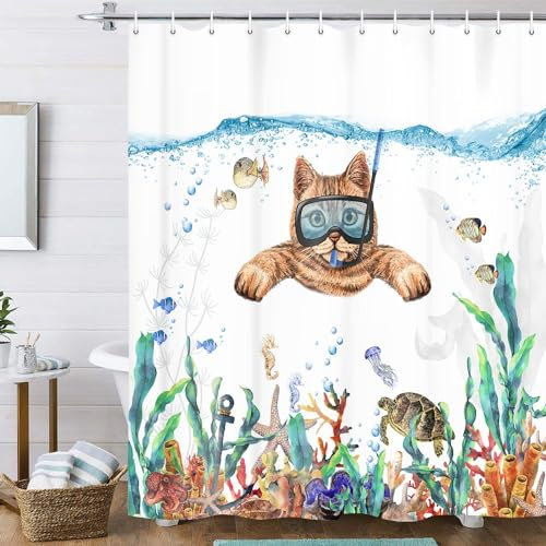 Uokiuki Lustiger Duschvorhang aus Stoff, lustiger Katzentaucher-Duschvorhang für Badezimmer, tropische Fische, Koralle, Unterwasser-Meerestier-Duschvorhang mit Haken, 183 x 10 cm