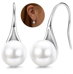 Sllaiss Perlenohrringe Damen Silber 925 Hängend 8MM Süßwasserperlen Weißvergoldet 14K Vergoldet für Frauen Mädchen