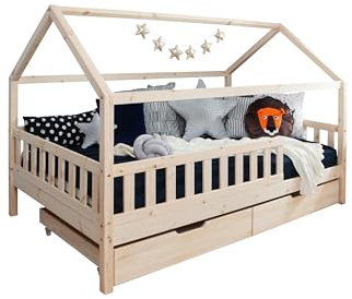 TiCAA Kinderbett Hausbett Kay 140x200 inkl. Schubkästen Kiefer Natur
