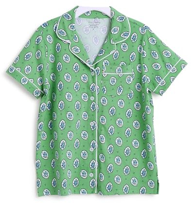 Cotton Pajama Short Sleeve Button-Up Shirt, Garden Green Leaf, Small
