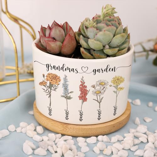 Pot de Fleurs Personnalisé pour Le Jardin de Grand-mère, Pot de Plantes Succulentes du Jardin de Maman avec Fleur du Mois de Naissance