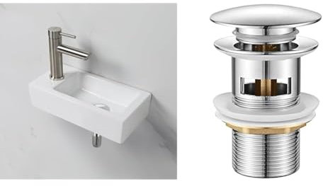 Ibergrif M41102-L, Lavabo Lave Main Blanc Rectangulaire en Céramique Suspendu pour Salle de Bains et WC & M20502 vidage Salle de Bain, Bonde de Lavabo Pop Up, Chromé, Argent