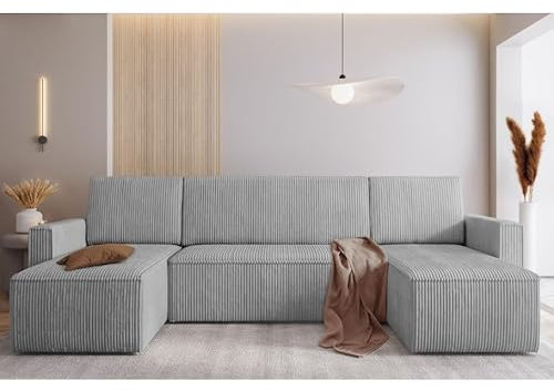 Easy4You Mimir Corduroy Corner Sofa in U-Shape 303 x 80 x 145 cm with Sleep Function and Bedding Container - Sofa Bed with Bed Box - Corner Couch with Storage Space - Fabric: POSO 55