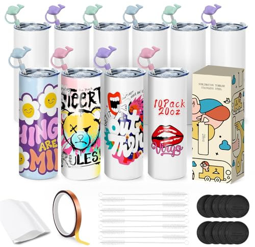 Sublimation Tumblers Bulk Skinny Straight Tumbler Blanks 20oz, 10 Pack Individual Gift Boxed, Double Wall Insulated Tumbler for Heat Transfer with Shrink Wrap Films, Straws, Adhesive Tape