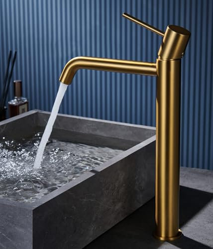 IMEX - Grifo Lavabo Caño Alto | Grifo Baño Mezclador Agua Fria y Caliente | Grifería Monomando Efeto Cascada con Caño de Latón y Ahorro de Agua | Serie Monza | Color Oro Cepillado