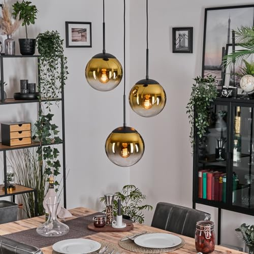 HOFSTEIN Hängeleuchte Gastor, 3-flammige Hängelampe aus Metall/Glas in Schwarz/Goldfarben/Klar, moderne Pendelleuchte im Retro/Vintage-Design, Ø Schirme 20 cm, E27, Esszimmer, Küche, Wohnzimmer