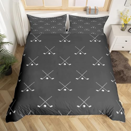 Manfei Golf Sport Bettbezug Set S Größe,Männer Golf Spieler Bettwäsche Set,Skizze Weiß Golf Print Tröster Abdeckung Kinder Teens Jungen Home Room Decor,Mode Weiche graue Quilt Cover,1 Kissenbezug