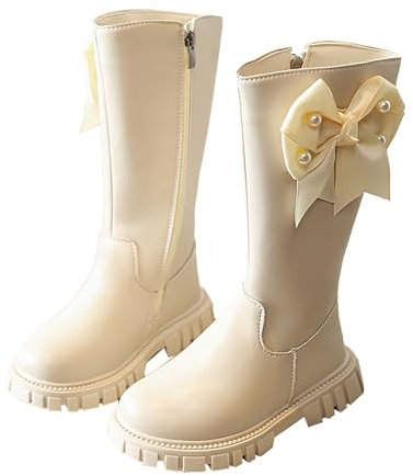 Generico Stivali Donna Invernali Scarpe Primi Passi Bimba Scarpe da Bambina per Bambini Stivali Lunghi Stivali Alti Autunno e Inverno Ragazza Stivali in Pelle con Vestiti (Beige, 28.5 Little Child)