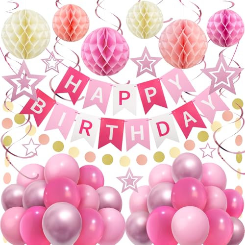 ZERODECO Geburtstagsdekorationen, einfach zu montierendes Rosa Happy Birthday-Banner mit Wabenkugeln, Ballon, Spiralgirlanden, Girlanden, Geburtstagspartydekorationen für Frauen, Mädchen und Kinder