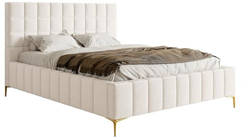Selsey Bett Polsterbett Doppelbett 180 x 200 cm Mit Bettkasten Metallrahmen Goldene Beine Gasdruckfeder Schlafbett Chenille Creme Szejlo