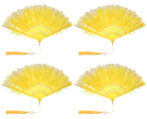PATIKIL Embroidered Flower Marabou Feather Fan, 4 Pack 1920s Vintage Folding Handheld Fan Chinese Flapper Hand Fan for Costume Party Dancing Wedding Show Tea Decoration, Yellow