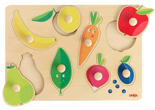HABA Greifpuzzle Obst & Farben – Erstes Holzpuzzle mit großen Knöpfen – Farben Lernen & Formen erkennen – Für Kinder ab 12 Monaten – 2011811001