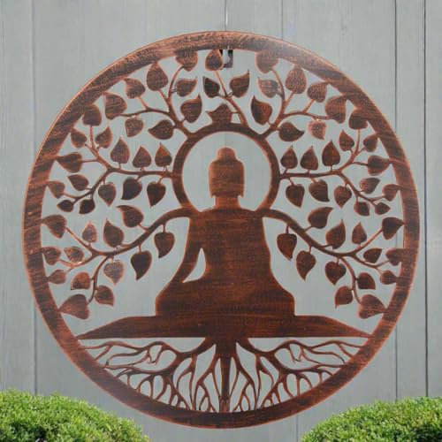 Marissa's Garden & Gift Buddha Tree of Life Metal Wall Art, Round Copper-Finish Meditation Decor, 40cm powder coated steel