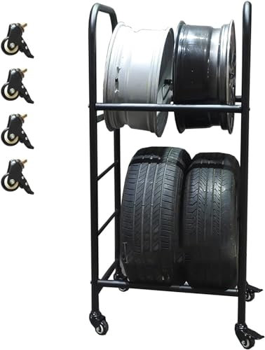 XAoSCd Portaoggetti per Pneumatici, per Contenere 4 Pneumatici, Portaoggetti Espositivo A 2 Livelli, Supporto Multi-Pneumatico Nero Indipendente, per Posto Auto Coperto, Campagn,
