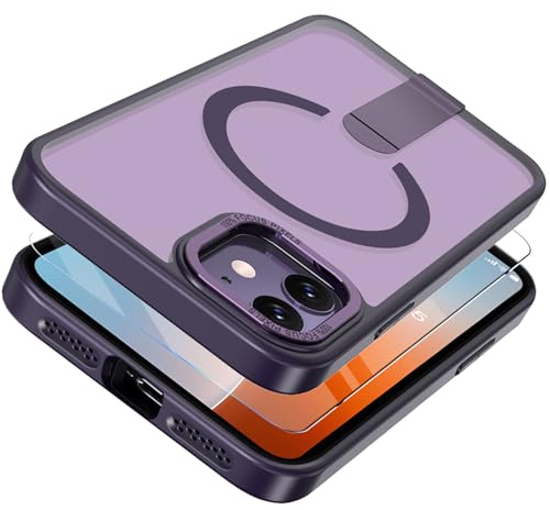 Giyer Magnetisch Handyhülle für iPhone 11 Hülle mit Schutzfolie, Ständer Schutzhülle für MagSafe, Durchscheinende Matt Hart Rückseite Stoßfest Case Cover (Lila)