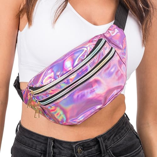 Chaks - Crossbody Moon Bag, Holografische Tasche mit 2 Fächern | Bauchtasche für Festival, Karneval und Mottoparty, Verstellbarer Gurt mit Reißverschlussfächern