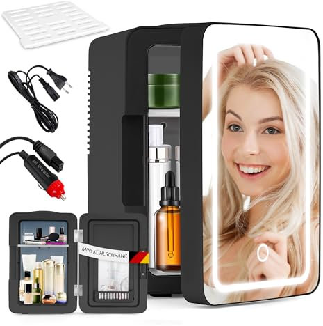 Mini Kühlschrank Fridge 6L - Kühlschränke Klein 12V 230V Läuft Leise mit Spiegel&LED-Beleuchtung - Skincare Kühlschrank für Kosmetik Schönheitspflege-Kosmetik Kühlschrank Ideal für Auto (Schwarz)