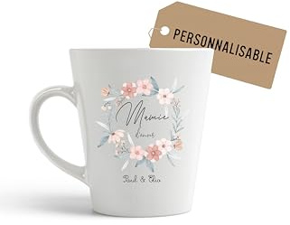 Générique Mug Noël “Mamie d’amour” – Personnalisable avec prénom(s) enfant – Cadeau de Noël pour grand-mère – Tasse fleurs pastel en céramique