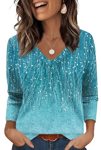 Aokosor Ladies Tops 3/4 Sleeve Pleated Front V Neck Womens Blouses Tunic Shirts Dressy Casual Office Wear Size 14-16 Light Blue Lines