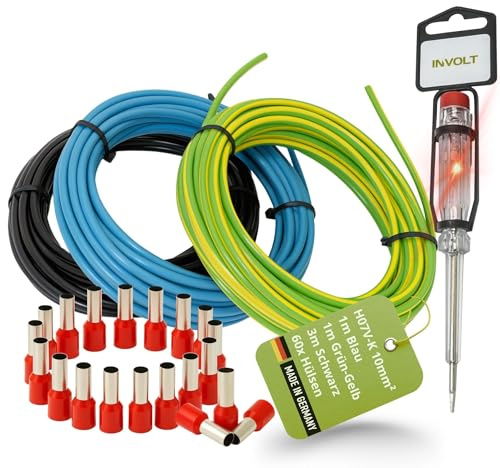 INVOLT H07V-K Jeu de câbles de câblage 10 mm², conducteur unique 1 m bleu et vert-jaune + 3 m noir avec 60 embouts de fil, kit de câblage pour armoire de compteur comprenant un testeur de phase