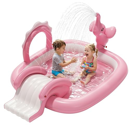 QPAU Elefanten-Kinderpool mit Rutsche und Sprinkler, aufblasbares Spielcenter mit 4 Ringen, 183 × 163 × 94 cm, Kinderbecken für Garten und Hinterhof, Geburtstagsgeschenk für Kinder ab 1 Jahr (Rosa)