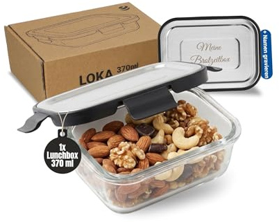 Personalisierte Lunchbox 370 ml Glas - auslaufsichere Meal Prep Box Schwarz | hitzebeständig, 4-fach Clip, Deckel, Meal Prep, Mikrowelle, Gefrierschrank, stapelbar, gravierbar