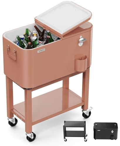 Bonnlo 57L Servierwagen mit Rollen, Beistellwagen, Patio-Kühlwagen, Kühlbox, Getränkekühler mit Flaschenöffner, Praktisch für Outdoor-Partys und BBQs, 35 x 65,5 x 80 cm, Milchkaffeebraun