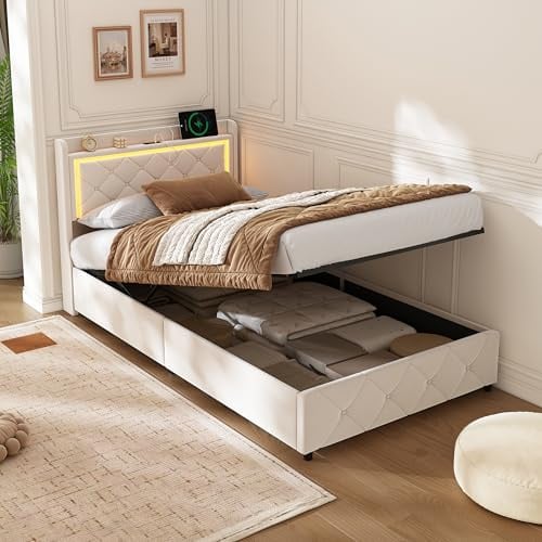 BPKADHY Polsterbett 90x200 cm mit LED-Beleuchtung, USB & Bettkasten Hydraulisch – Jugendbett Einzelbett mit Stauraum, Bett 90x200 Lattenrost und Kopfteil, Samt Beige, Ohne Matratze (Beige-3, 90x200cm)