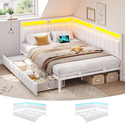 DICTAC Double Bed Frame with 2 Storage Drawers,Charging Station and Led Lights 4ft6 Double Daybed with Storage 135x190 Corner Platform Bed with Upholstered Guardrail,Space-Saving Double Sofa Bed,Beige