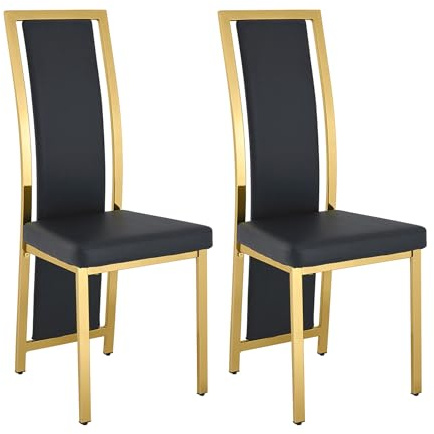 SEEDWAVE Esszimmerstühle 2er Set, Küchenstuhl mit gebogener hoher Rückenlehne, PU-Leder Sitzfläche, Metallrahmen, Metallstuhlbeine und verstellbaren Fußgleitern (2, Schwarz/goldenen Beinen)