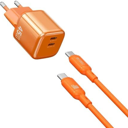 Caricatore USB C 45W GaN con 2 Porte USB-C PD, Ricarica Rapida, Cavo Ignifugo Incluso, Mini Caricabatterie per iPhone Samsung Tablet