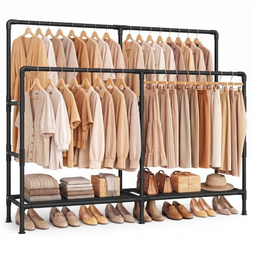 SONGMICS Kleiderständer aus Metall, mit 2 Kleiderstangen, 2 Ablagen | Garderobenständer, bis 100 kg belastbar, einfache Montage, schwarz, RYLAN Kollektion RDR021B101