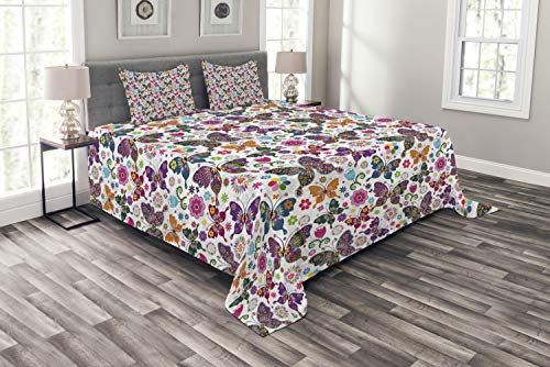 ABAKUHAUS Schmetterling Tagesdecke Set, Retro Style Ornament, Set mit Kissenbezügen Waschbar, für Doppelbetten 264 x 220 cm, Lila Magenta