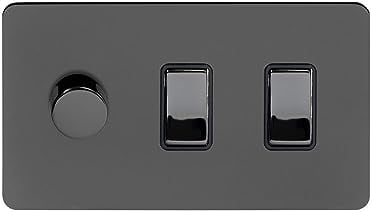 Soho Lighting Black Nickel Flat Plate 3 Gang Light Switch with 1 Dimmer (2 x 2 Way Rocker Light Switch with 1 x Trailing Edge Dimmer) Screwless