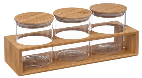 Five - Set de 3 Bocaux de Conservation avec couvercles et Socle en Bambou