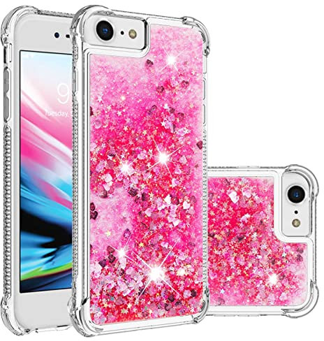 For iPhone SE 2022 Case, iPhone SE 2020 / iPhone 8 / iPhone 7 Case, Girly Bling Glitter Sparkle Quicksand Floating Liquid Clear Transparent Soft Silicone Bumper ShockProof Phone Cover, Pink