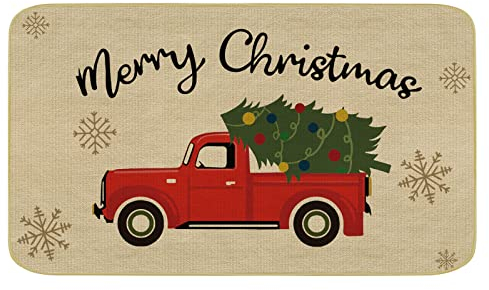 comfoyar Fußmatte Weihnachten, Merry Christmas Fussmatte mit LKW Roter Lastwagen Schneeflocken, Waschbar rutschfest Rückseite Schmutzfangmatte, Willkommen Teppich für Innen Außen Urlaub Deko 43X75 cm