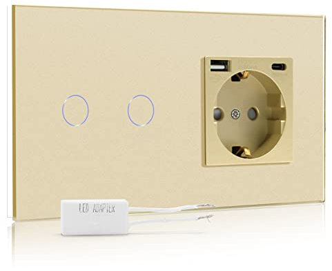BSEED Dimmer Schalter mit USB Steckdose Anschluss (Max. 2.1A) Typ C Port 2 Fach 1 Weg Led Dimmer Schalter mit Touchscreen Wandsteckdosen mit USB Steckdose Touch Lichtschalter Golden