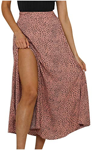 Damen Midi Plisseerock Rundhals Kurzarm Ausgestelltes A-Linie Faltenrock Sommerrock Damen Lang Langrock Prinzessin Blumenrock Für Damen (Pink, One Size)