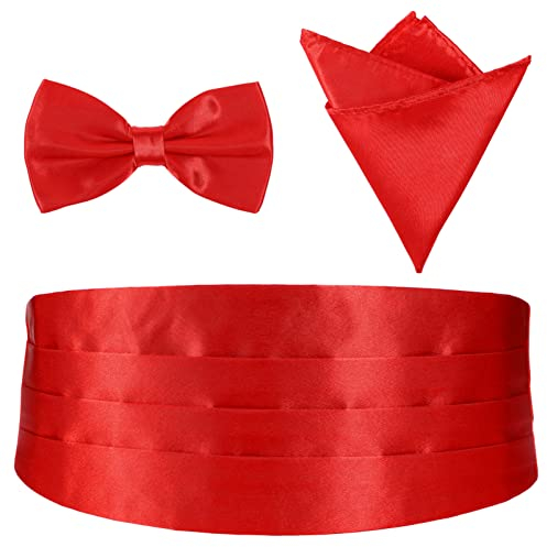 FAVOMOTO 3pcs Herren Kummerbund Einstecktuch Fliege Formelle Anzug Accessoires Einstecktuch Bund, Fliege, Einstecktuch Herren Kummerbund Fliege Set, inklusive Kummerbund (Rot)