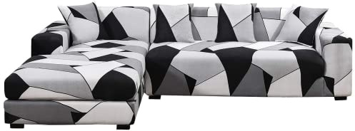 ShowyLive Sofa Überzug Couch Überzug 2er Set für Ecksofa L-Form Sofabezug 2 Sitzer+2 Sitzer, mit 2 Stück Kissenbezug, Grau-weiß