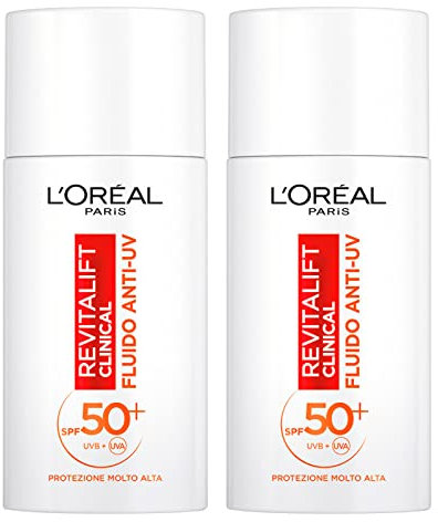 L'Oréal Paris Revitalift Clinical Anti-UV Gesichtsflüssigkeit SPF 50+ Sonnenschutz mit Netlock Technologie Formel mit Vitamin C Antioxidant und Anti-Aging-Wirkung Ultraleicht - 2 Flaschen à 50 ml