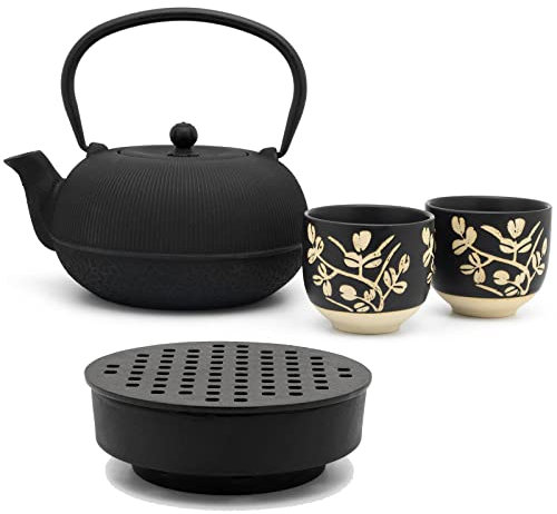 Bredemeijer Gusseisen Teepot Set 1.0 Liter Teekanne mit 2 Porzellan-Tassen (Becher) & Teewärmer & Edelstahl Tee-Filter Sieb-Einsatz - ideal für lose Teesorten