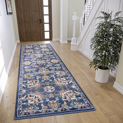 Hanse Home Caracci Teppich Orientalisch – Orient Läufer klassisch dicht gewebt mit Ornamenten und Blumenmotiven Weicher Kurzflor für Schlafzimmer, Esszimmer, Wohnzimmer, Flur, Küche – Blau, 80x240cm